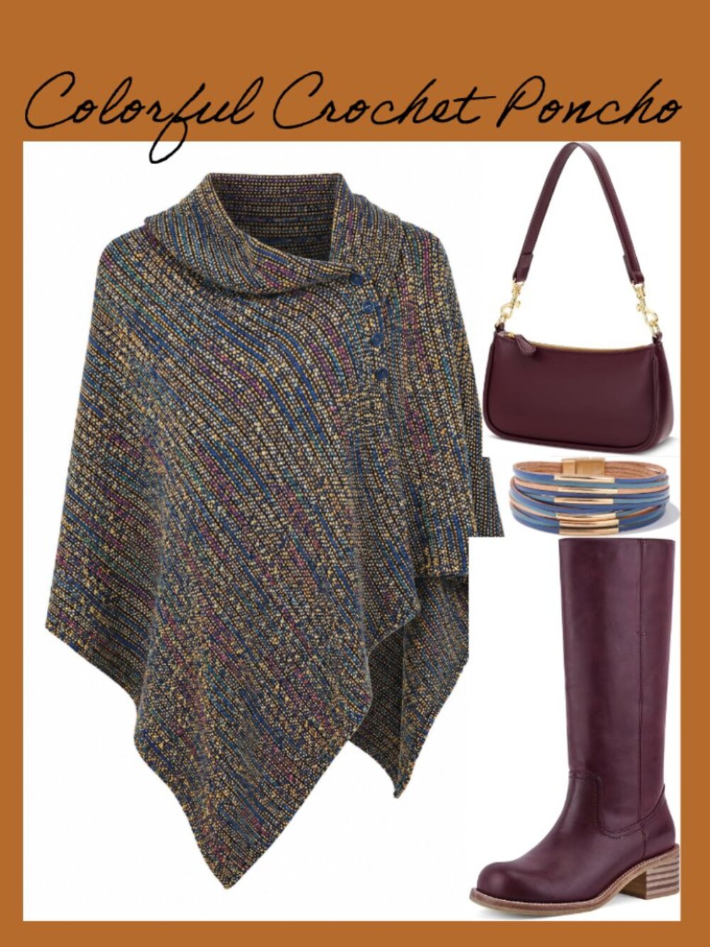 Colorful Crochet Knit Poncho One Size Button Detail